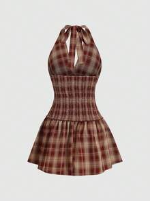 Sweetra Retro American Romantic Girly Chic Innocent Princess Casual Millennium Collegiate Music Festival Date Vacation Party Shirred Cinched Waist Backless Tie Bow Ruffle Hem Plaid Puff Mini Dress, Spring/Summer/Autumn - Red - View 2