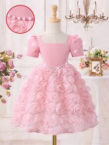 Đầm dệt kim tay phồng kiểu công chúa cho bé gái, cổ áo phối họa tiết, chân váy lưới hoa hồng 3D, thích hợp mặc thường ngày, dự tiệc, đi nghỉ mát, mùa hè. - Hồng - Xem 4