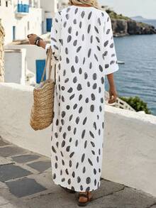 SHEIN Holidaya Women's Bohemian V-Neck Floral Print Loose Casual 3/4 Sleeve Dress, Spring/Summer - Apricot - View 2