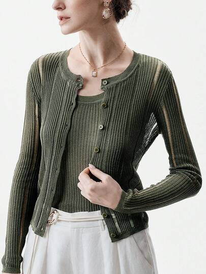 Aalyst 2pcs/Set Women's Hollow Out Shiny Knit Cover Up & Camisole Top, Lightweight Sun Protection Sweater, Summer