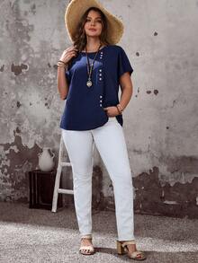 EMERY ROSE 大码女式夏季休闲度假乡村风圆领短袖纽扣装饰纯色藏蓝色衬衫上衣，适合春夏度假、春假外出等场合，2026新款，简约时尚，日常穿着皆宜，蓝色上衣 - 藏蓝色 - 查看 6