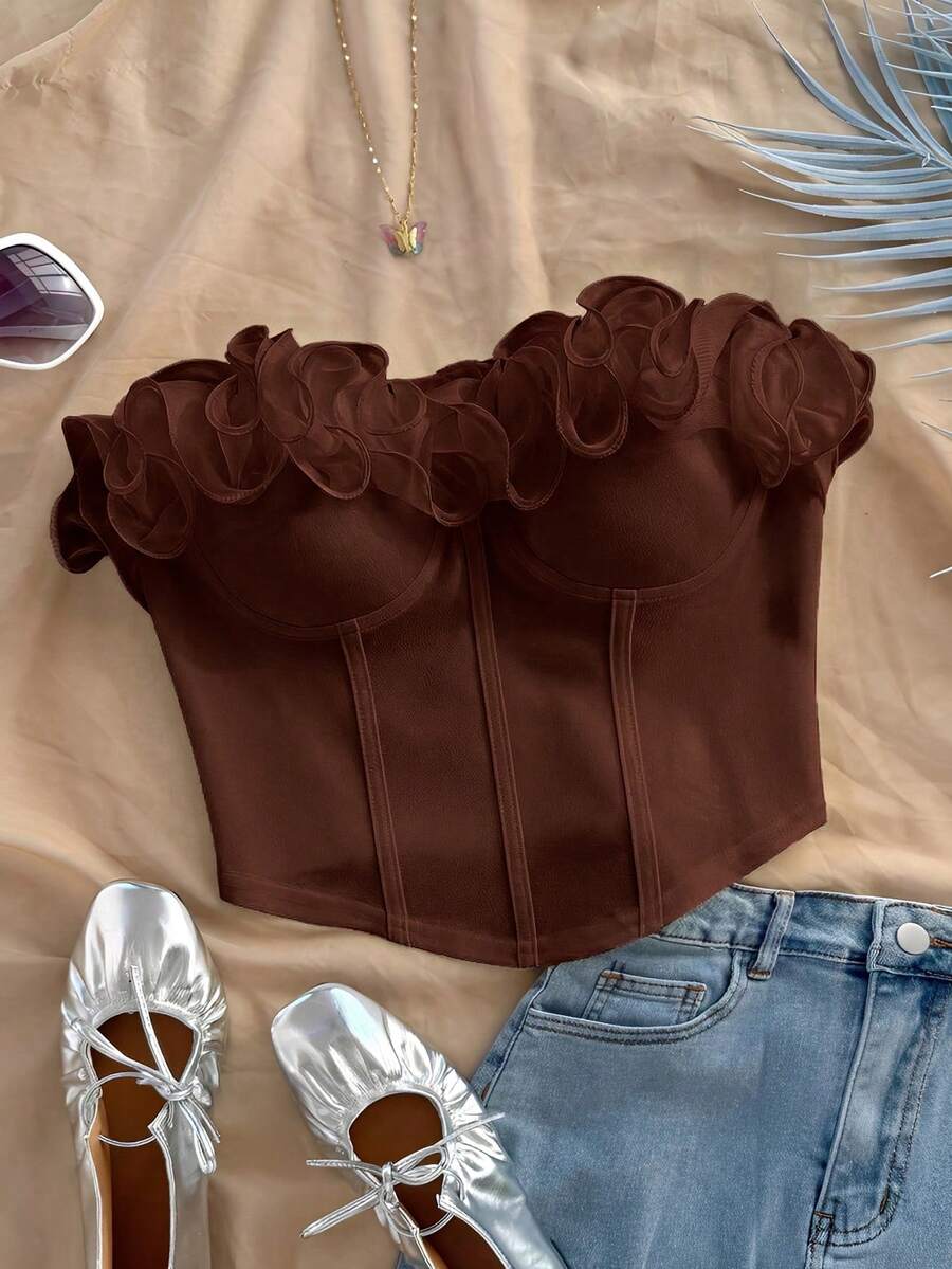 Soleia Ruffle Trim Fitted Tube Top, Suitable For Holiday, Date Night, Valentine's Day, Afternoon Tea Coffee Brown Dark Crop Chocolate - Coffee Brown - View 1