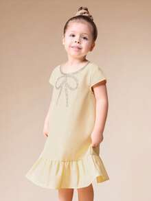 SUMWON Girls Short Sleeve Bow Detail Drop Waist Ruffle Hem Mini Dress With Embellished Neckline For Special Occasions For Casual And Vacation - Yellow - View 3