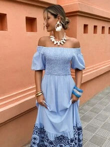 Selianne Women's Off-Shoulder Striped A-Line Print Split Dress, Casual Vacation Outfit, Spring/Summer - Multicolor - View 4