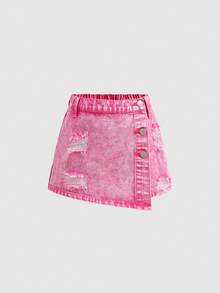 SHEIN Tween Girl Pink Summer Streetwear City Break Y2k Vintage Cut Out Ripped Frayed Short Denim Skirt Pants,Fashion Homecoming Festival Rave Denim Shorts - Pink - View 6