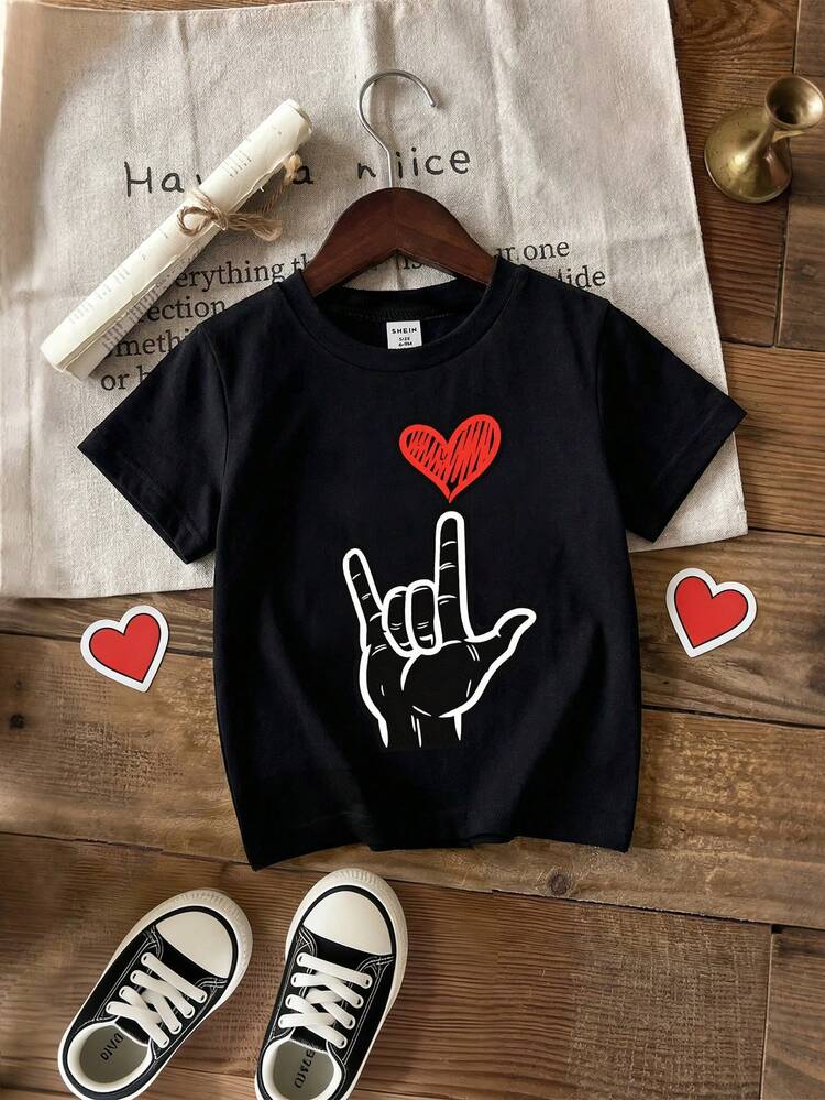 Camiseta de manga corta con cuello redondo para niños pequeños/bebés de 6 meses a 3 años, con estampado de corazones y letras, adecuada para el Día de San Valentín, fiestas y uso casual, con un estilo dulce y fresco, decoración de corazones, apropiada para primavera/verano - Negro - Añade 2