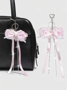 ROMWE 1Pc Kawaii Pink Heart Keychain For Girls, A Bowknot Ribbon Lace Heart Bag Pendant, A Mobile Phone Pendant, A Valentine's Day,, And Holiday Gift. - Pink - View 3