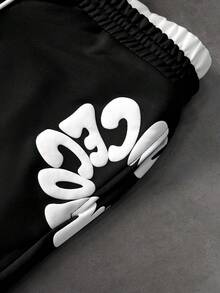 PAVTROS Men's Letter Print Drawstring Waist Patchwork Sweatpants - Black - View 4