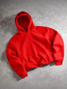 PAVTROS 男士休闲双帽拼接连帽衫，街头风，宽松版型，印花图案，情侣装，朋友装，表达爱意，街头风格，情侣款，结构设计，刺绣图案，双层帽子 - 紅色 - 查看 3