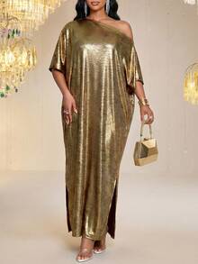 SHEIN Lady Vestido suelto con corte en el hombro metálico para mujer - Dorado - Ver 4