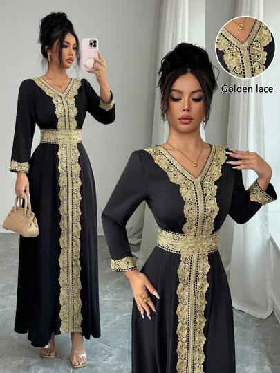 Rafferiza Women's Contrast Color Elegant Applique Long Dress, Spring