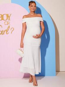 Loomaby 孕妇纯色露肩褶皱修身优雅连衣裙 - 白色 - 查看 5