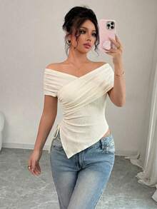 Rafferiza Women's Casual Commuter Fitted Off-Shoulder Short Sleeve T-Shirt, Summer - Apricot - View 4