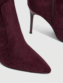 Daringsoles Women's Pointed Toe Buckle Side Zipper Suede Stiletto Mid-Calf Boots & Over-The-Knee Boots, Chic Sexy High Heels For Nightclub, Elegant Dance - Burgundy - View 5