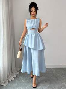 Elenzga New Women Sleeveless Woven Textured Hollow Design Waist A-Line Double Layer Elegant Midi Dress, Versatile - Blue - View 8