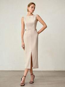 MOTF PREMIUM ELEGANT FITTED SLIT SPLIT THIGH MIDI DRESS, SPRING/SUMMER - Khaki - View 5