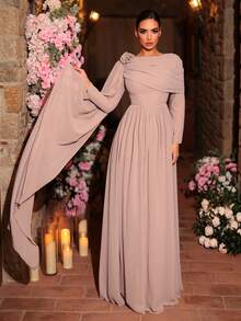 Glamrae Elegant Pearl Chiffon Draped Collar Splice Long Sleeve Dress, Extra Long Cascading Shoulder Flounce, 3D Floral Shoulder, Oversized A-Line Skirt, Suitable For Weddings, All Formal Occasions, Bridesmaid Dress - Dusty Pink - View 6