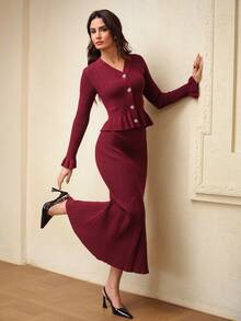 ZEYLAH 两件套优雅针织套装：V领荷叶边开衫毛衣和鱼尾针织半身裙，秋冬款 - 酒紅色 - 查看 5