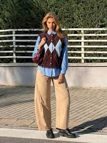 MainGRL Diamond Plaid Knit Vest Sweater For Women, Spring - Multicolor - View 3