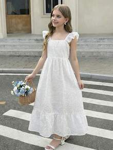 SHEIN 少女白色刺绣优雅短袖连衣裙 - 白色 - 查看 6