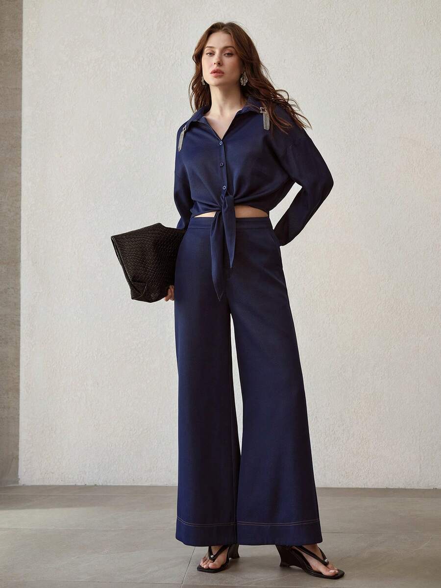 MOTF PREMIUM RHINESTONE DETAIL BUTTON UP SHIRT - Dark Wash - View 1