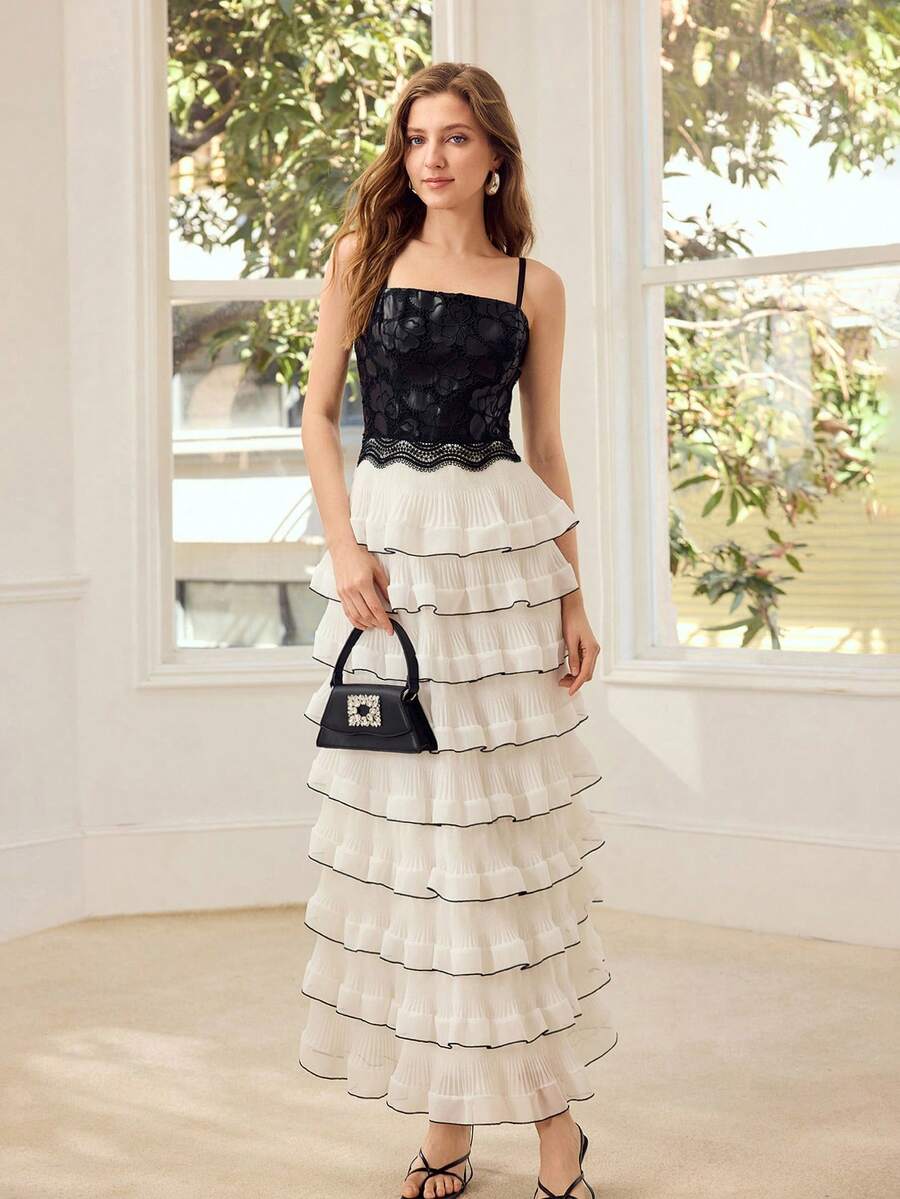 MOTF PREMIUM 女士刺绣收腰网纱连衣裙 - 黑與白 - 查看 2