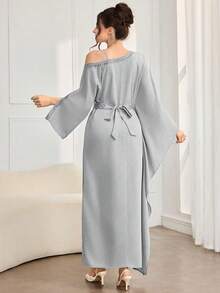 Al Najma Women's Solid Color Oblique Shoulder Long Sleeve Slit Waist Elegant Arabic Dress - Light Grey - View 2
