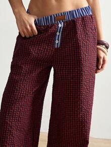 Bohemela Quần ống rộng dáng suông, họa tiết kẻ caro, phối nhiều mảnh, phong cách boho, thích hợp cho kỳ nghỉ của nữ. - Đỏ - Xem 1