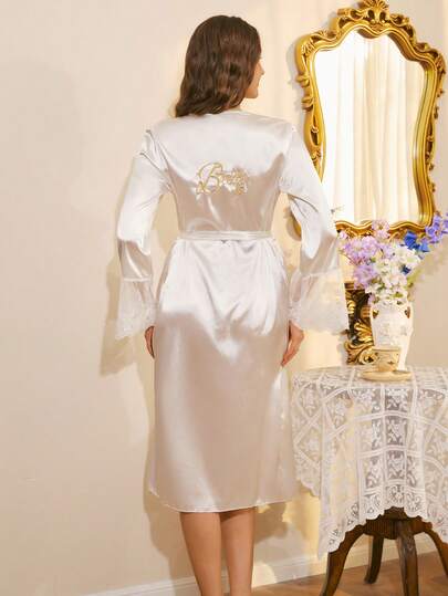 Women's Romantic Elegant Embroidered Lace Patchwork Satin White Bridal Robe With Gold Embroidered "Bride" Heart Tie Back