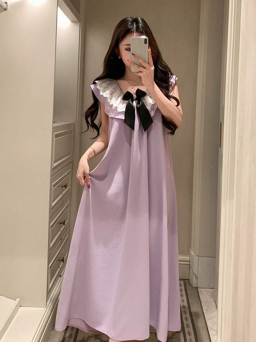 DAZY Romantic Contrast Color Bow Layered Ruffle Collar Sleeveless Long Women Nightgown - Purple - View 1