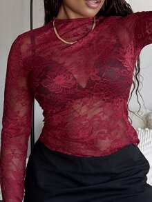 Tyla Gomez 女士蕾丝花朵透视性感衬衫（随机剪裁） - 紫紅色 - 查看 3