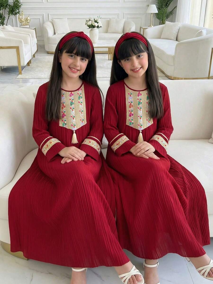 SHEIN Áo choàng dài tay màu đỏ tía thêu tua rua trang trí dành cho bé gái tuổi teen - Màu Đỏ Sâu - Xem 1