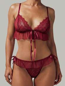 MISSGUIDED Lace Mesh Lingerie Set With Ruffle Details And Adjustable Straps For Intimate Occasions - Burgundy - View 3
