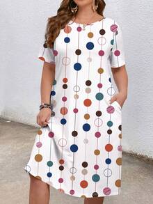 Mellowie Plus Size Round Neck Short Sleeve Polka Dot Print Loose Casual Dress - Multicolor - View 3