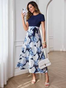 Miaspire Women's Floral Print Round Neck Elegant Long Sleeve Dress - Blue - View 4