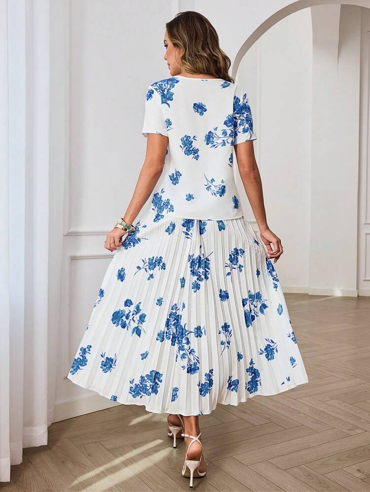 Elegant Blue White Floral Print Two-Piece Set For Women Summer Spring Casual Party Outfit With Short Sleeve Top And Pleated Midi Skirt, Ideal For Wedding Guest Party Going Out Festival And Easter Occasions