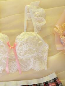 DelicateAllure Bộ đồ lót nữ sinh/sinh viên 2 món kẻ caro hở đáy phối màu tương phản với nơ, lưới xếp nếp, ren hoa, xuyên thấu, lãng mạn, thích hợp cho các bữa tiệc, lễ hội âm nhạc, gợi cảm. - Nhiều màu - Xem 7