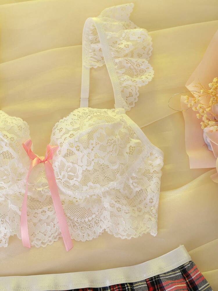 SHEIN 2pcs Christmas Student Plaid Open Crotch Contrast Color Bow Mesh Ruffle Floral Lace Sheer Romantic Party Music Festival Sexy Lingerie Set For Women - Multicolor - View 7
