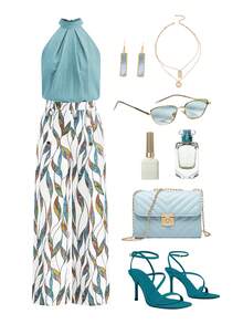 Ellevyn Plus Size Solid Color Pleated Sleeveless Top And All-Over Allover Print Long Pants 2 Pieces Set Resort Outfits Womens Vacation Outfit Woman Summer Outfit Set Beach Club Outfit Ocean Theme Outfit - Multicolor - View 1