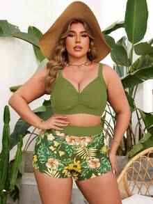 Swim Lushoire 大码两件套V领抽绳纯色吊带泳衣套装，含短裤，适合泳池、海滩、度假穿着。 - 綠色 - 查看 3