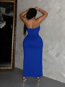 Slaydiva 加大码性感宝蓝色长款修身针织连衣裙，无袖抹胸铅笔裙摆性感蓝色连衣裙 - 寶藍色 - 查看 2