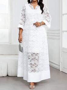 SHEIN Lady Valentine Plus Size Women's Fashion Lace Cutout Neck Dress White Elegant Curve Church Maxi - White - View 1