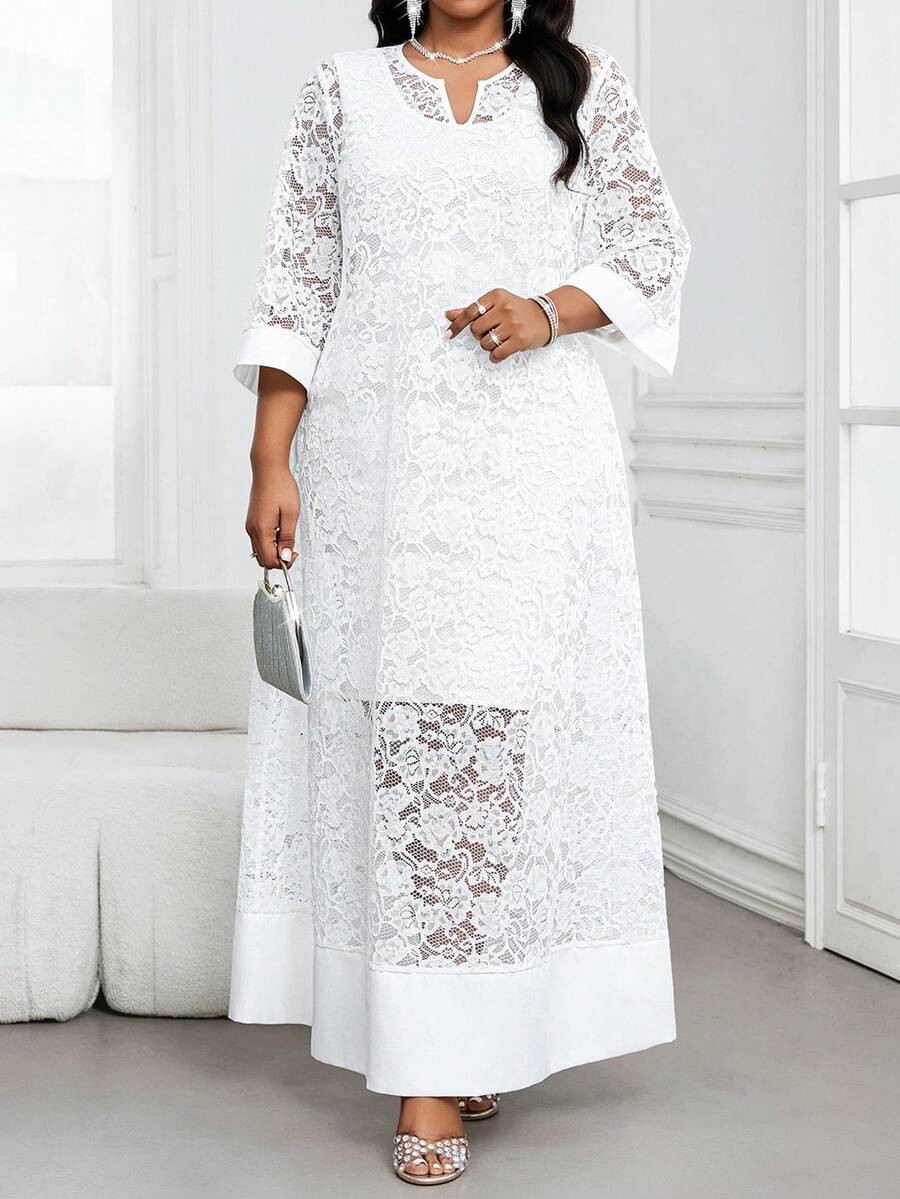 SHEIN Lady Valentine Plus Size Women's Fashion Lace Cutout Neck Dress White Elegant Curve Church Maxi - White - View 1