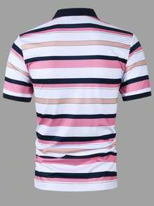 Calvornis 男士藍白條紋 Polo 衫，短袖夏季高爾夫球衫，休閒拼色老錢風 Polo 衫，戶外派對度假生日禮物，正式，儀式 - 粉色 - 查看 2