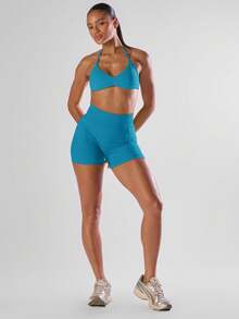 Musera Sport Solid Ruched Bust Open Back Halter Sports Bra, Active Comfy Workout Gym Running Run Clubpadel, Tennis, Pickleball Gym Fitness - Mint Blue - View 3