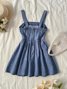 Elamini 女士花卉刺绣休闲牛仔吊带裙 - 藍色 - 查看 2