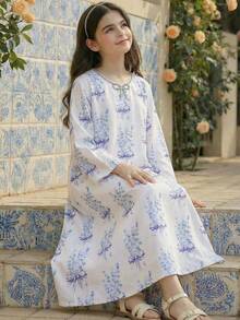 SHEIN Tween Girls' Casual Cute Floral Petal Collar Front Rhinestone Bow Loose Dress Robe, Spring/Summer - Mauve Purple - View 1
