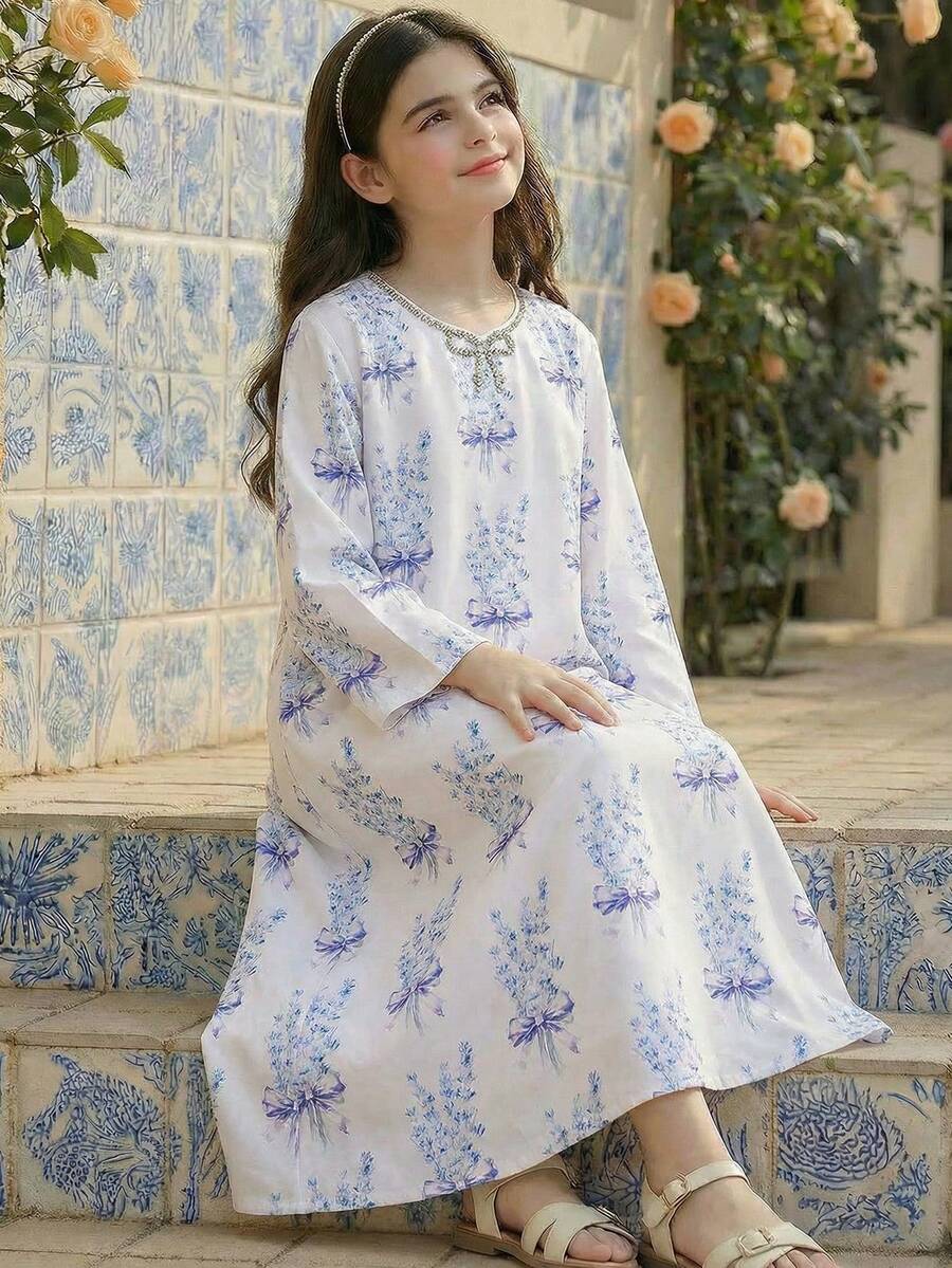SHEIN Tween Girls' Casual Cute Floral Petal Collar Front Rhinestone Bow Loose Dress Robe, Spring/Summer - Mauve Purple - View 1