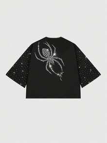 ROMWE MEN Men's Sparkling Diamond Spider Graphic 3/4 Sleeve T-Shirt - Black - View 2
