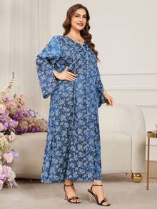 Al Najma 优雅提花撞色喇叭袖开衩下摆飘逸连衣裙，显瘦，春夏款 - 彩色 - 查看 6